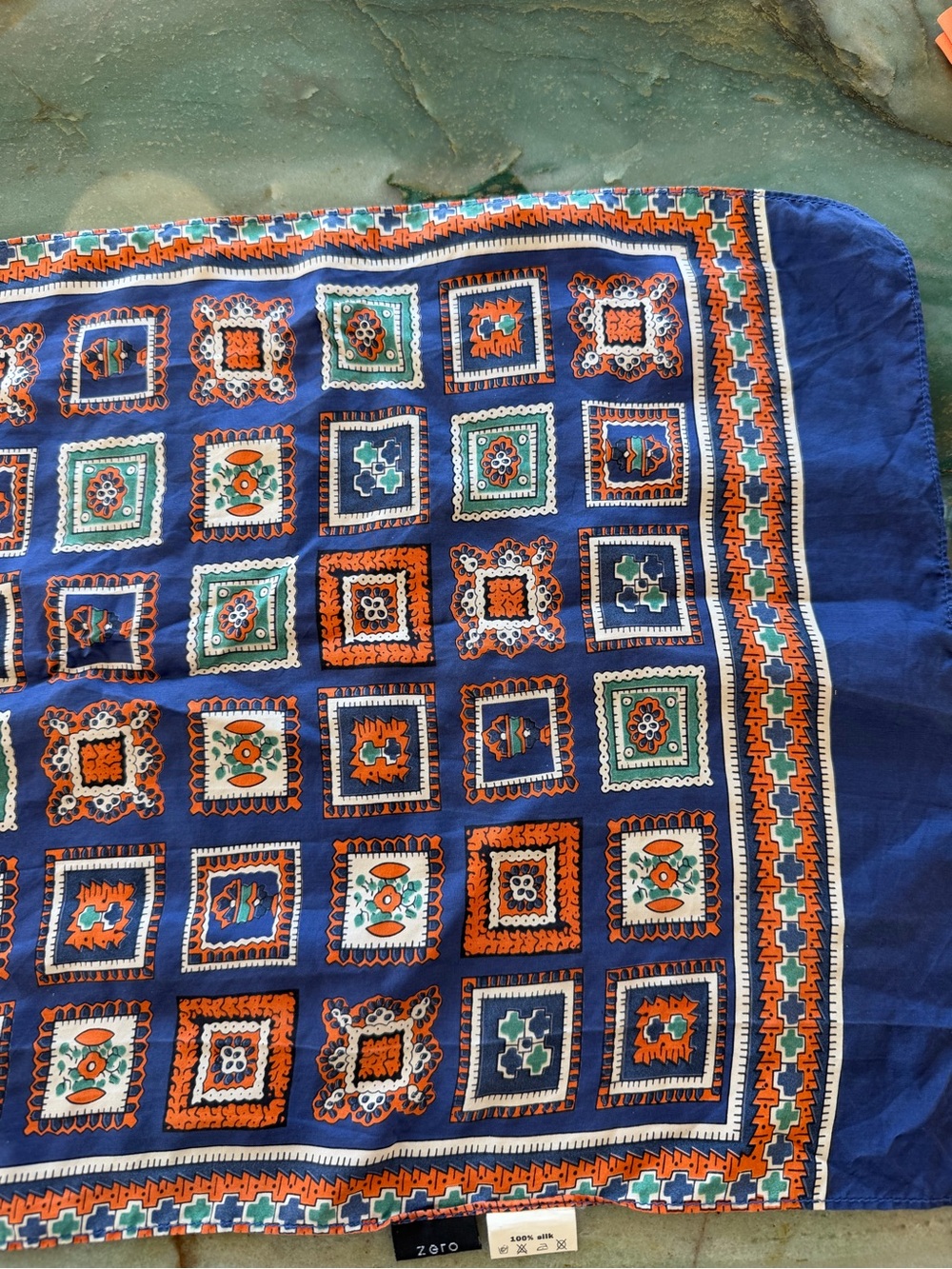 VTG zero Silk Satin Long Rectangle Scarf Geometric Blue Orange Green White 58x30